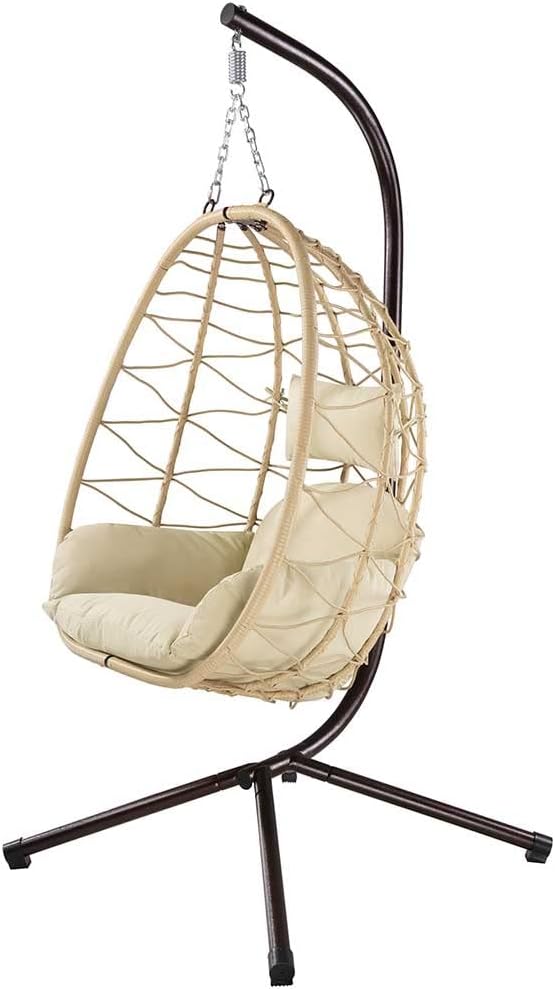 Hängesessel, für den Garten, Schaukelstuhl, Gestell aus Metall, Nest aus Rattan und Seil + gepolstertes Sitzkissen und Kopfstütze