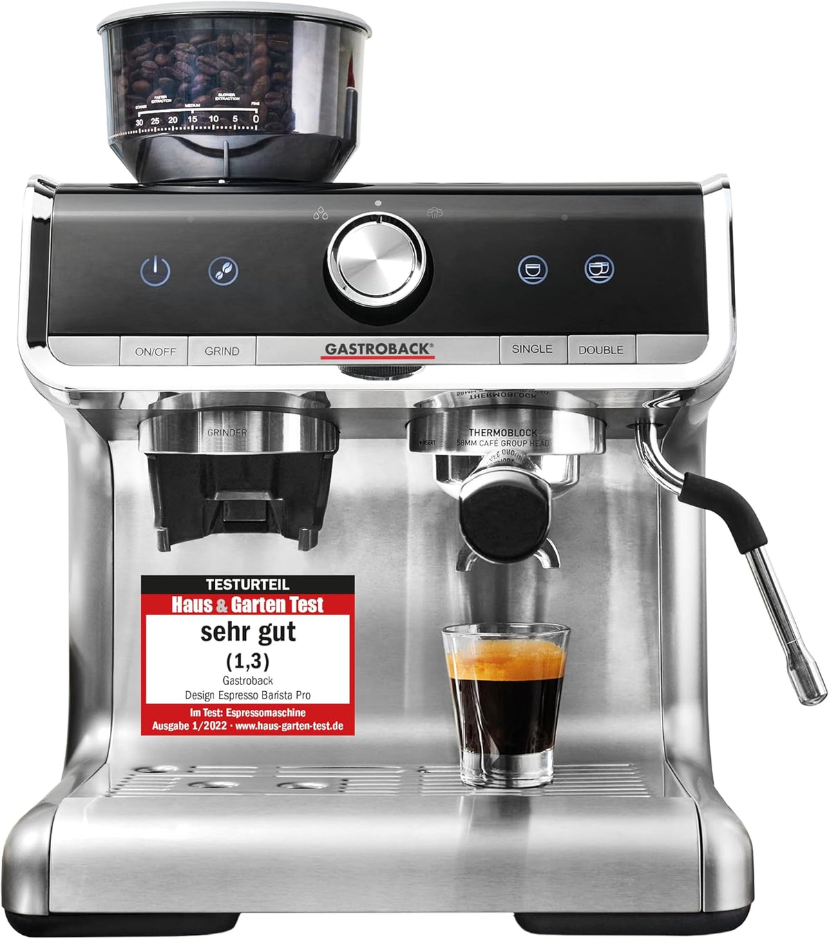 GASTROBACK Espresso Siebträgermaschine mit Mahlwerk inkl. Milchkännchen Tamper und Edelstahl Siebträger - Barista Kaffeemaschine mit Milchschäumer