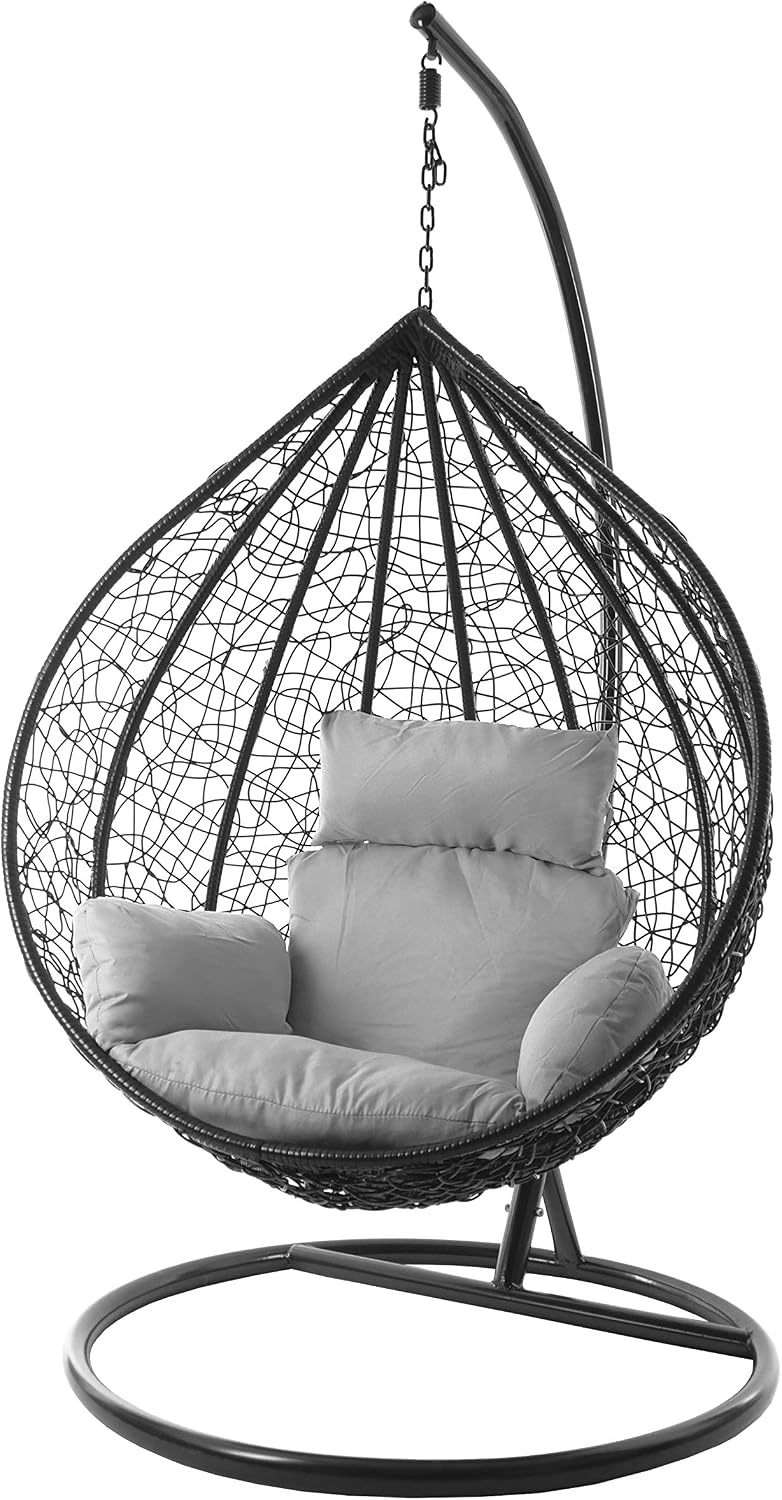 Hängesessel XXL ® Komplettset, mit Gestell & Kissen, Lounge Möbel, Poly-Rattan, schwarz, edel, groß (Kissen: Nest grau (8008 Cloud)), Kideo
