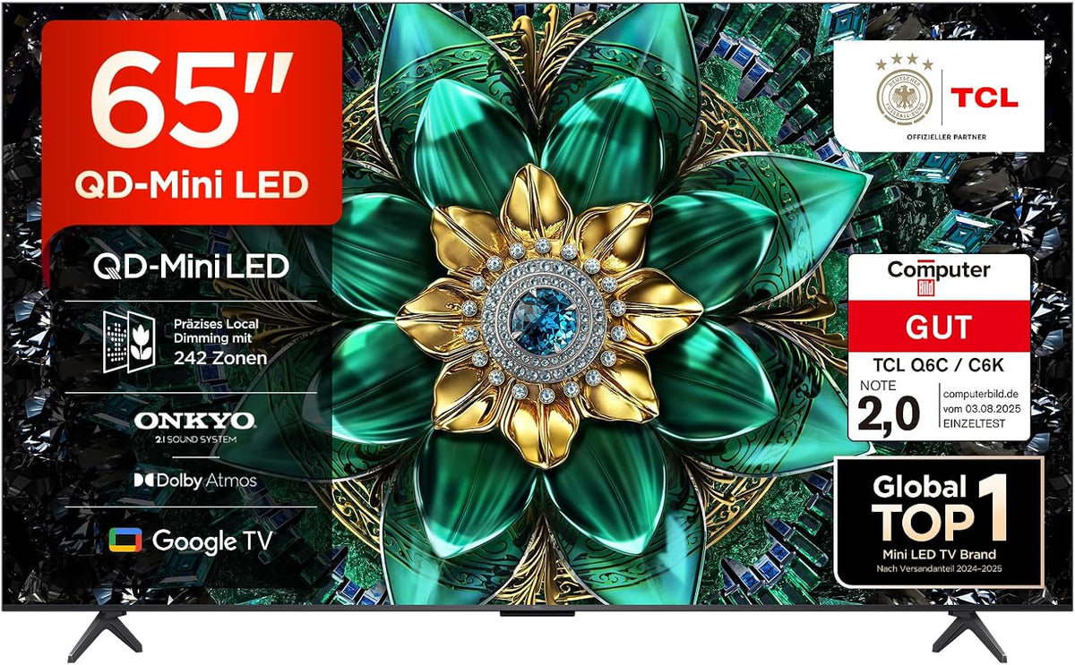 TCL 65Q6C 65 LED Zoll QD-Mini Fernseher, 4K HDR Premium 1000nits, Smart TV mit Google TV (Dolby Vision IQ & Atmos, Onkyo 2.1 Soundsystem