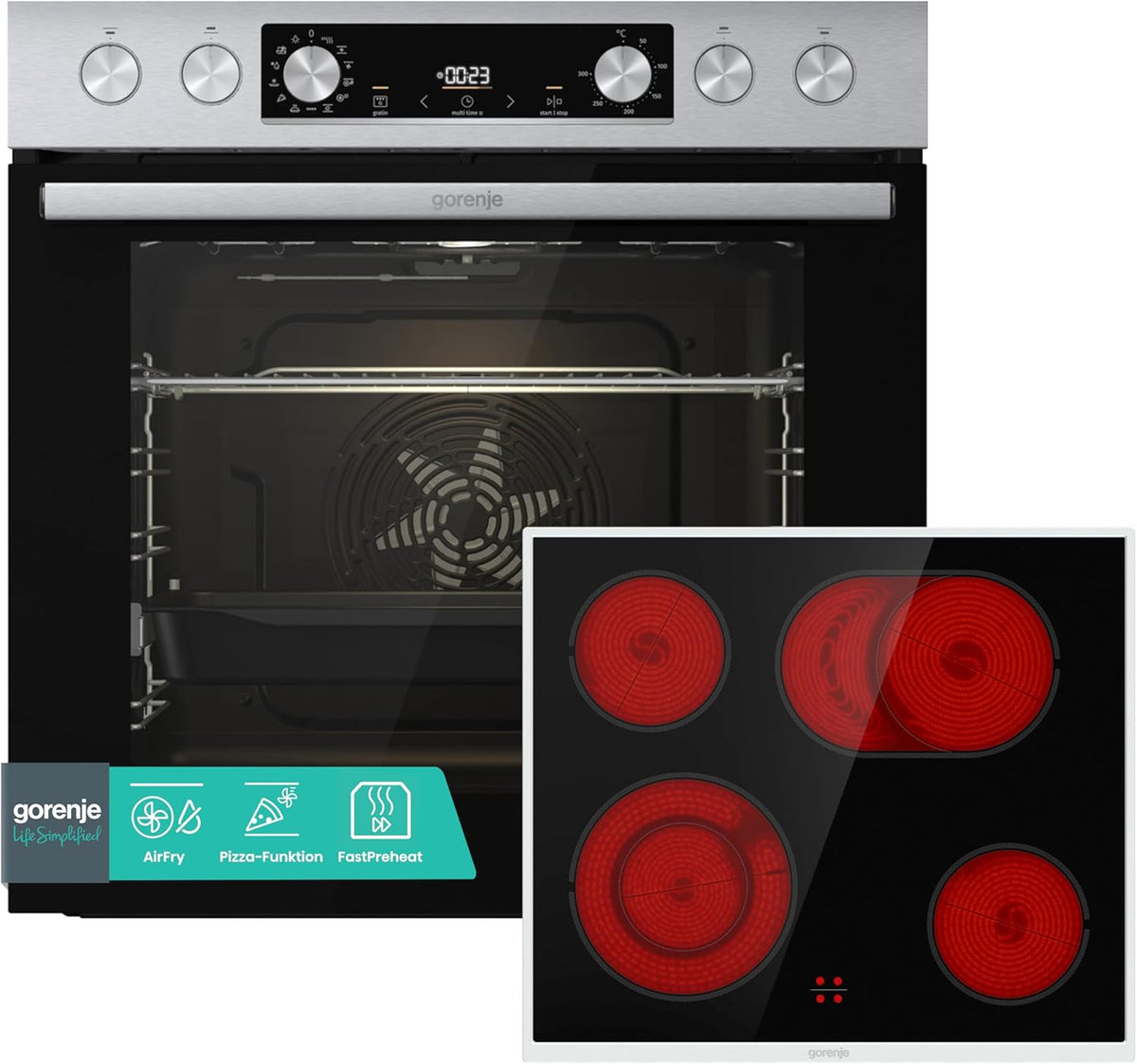 Gorenje 4 Einbauherd-Set Heißluft Inox Set mit Glaskeramik- Kochfeld