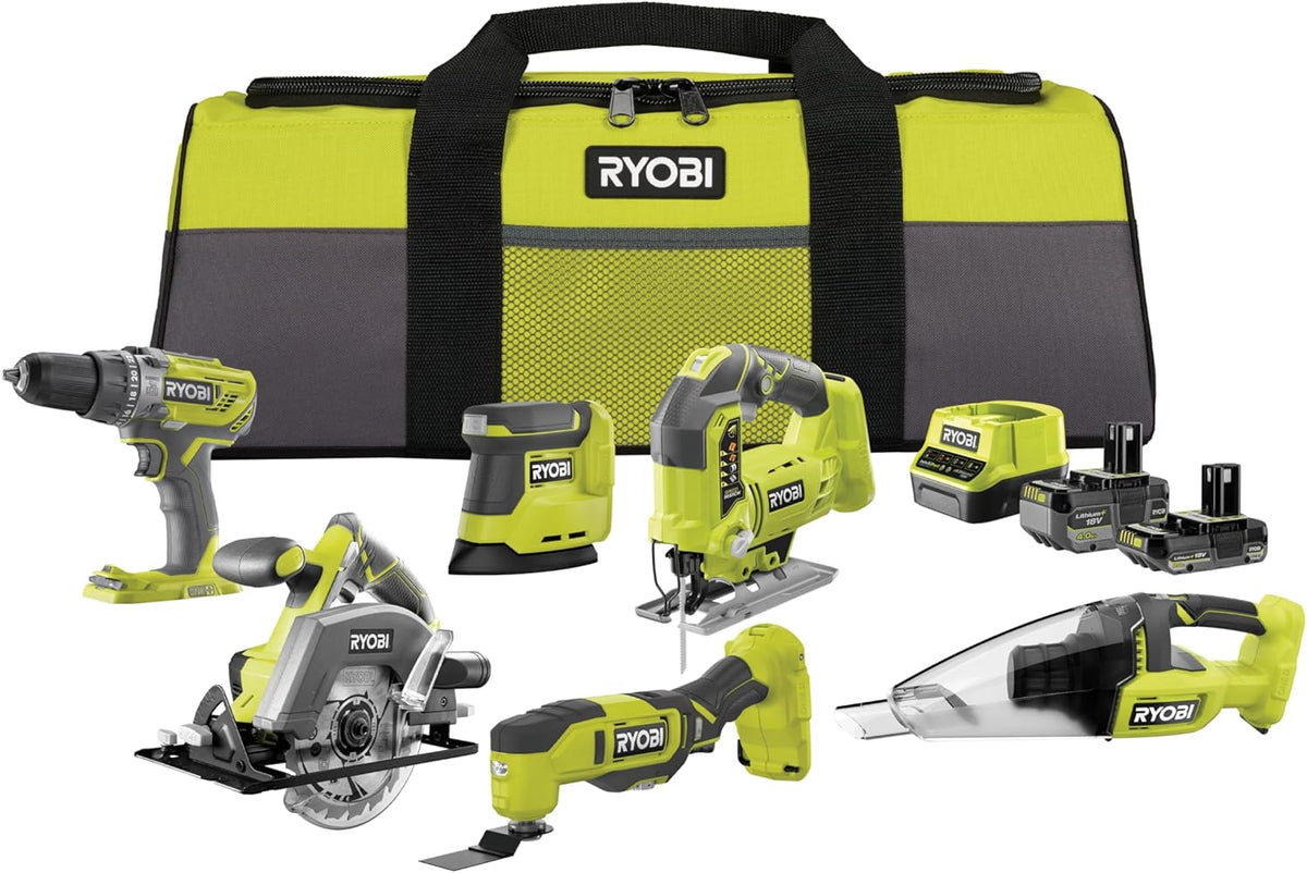 RYOBI Multifunktionswerkzeuge, 18 V ONE+ 10-tlg, Akku-Combo-Kit mit Schlagbohrschrauber, Stichsäge & mehr, inkl, Akkus, Ladegerät & Werkzeugtasche