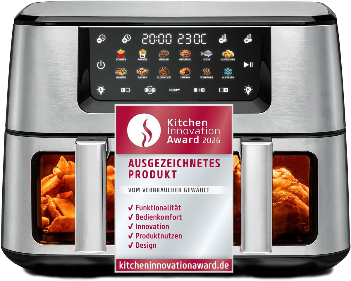 Rommelsbacher Heißluftfritteuse, Doppel Heißluft Fritteuse FRH 2650, 2 Körbe à 5, 5 Liter, 40 bis 230 °C, 12 Programme, Sichtfenster