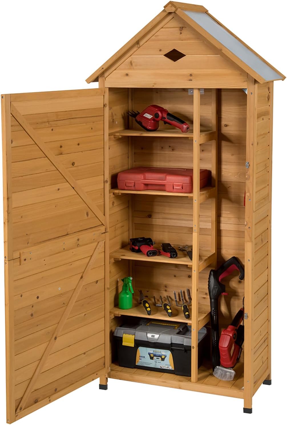 Schrank Garten, Holz, Geräteschuppen mit 5 Regalböden und Satteldach, Terrasse, Balkon, COSTWAY