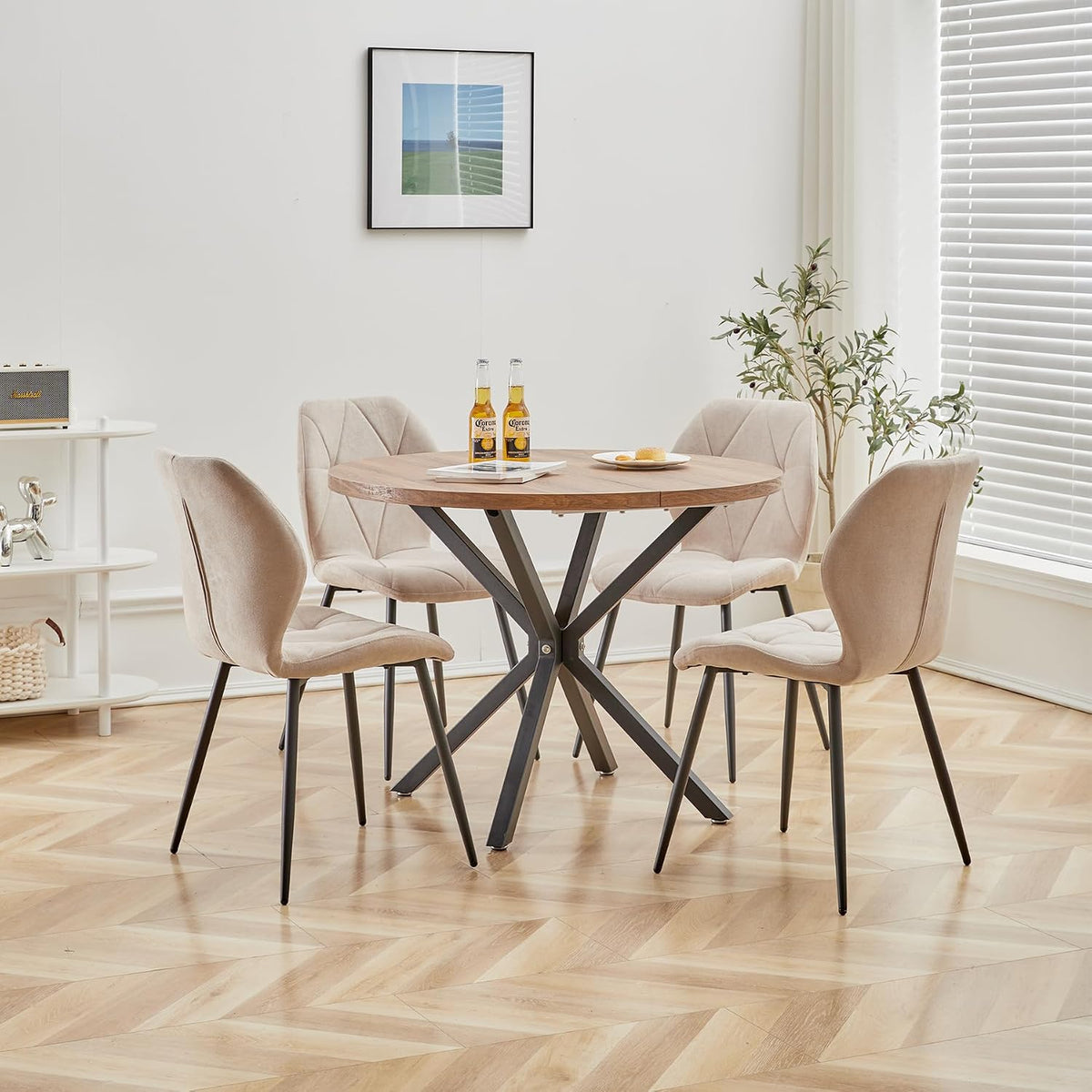 Esstisch 100cm Essgruppe Set Tisch und Stühle Runder, und 4 Leinen-Esszimmerstühle, 4 Stühle & Tisch für Küche, Esszimmer und Wohnzimmer (Khaki-LX
