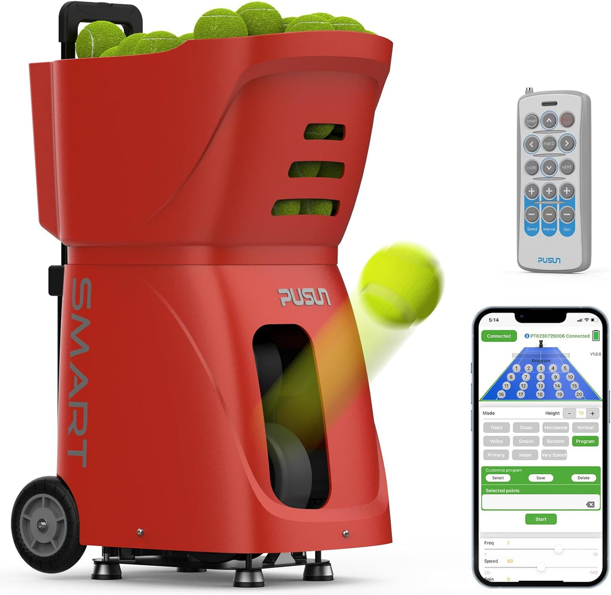 PUSUN Ballwurfmaschinen, PT-SMART Tennisballmaschine - Profi Ballwerfer mit APP-Steuerung (App für Apple Watch), 20 Landepunkte & 12 Modi