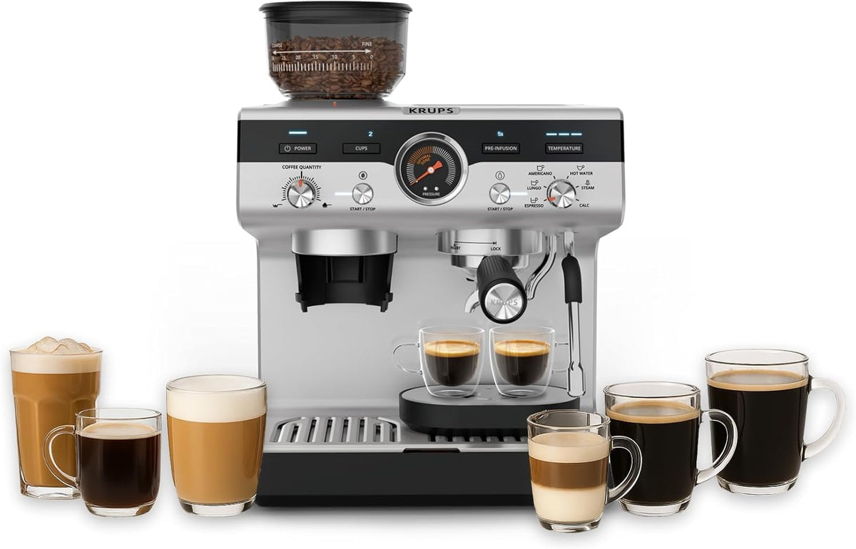 KRUPS Precision manuelle Siebträgermaschine mit Mahlwerk Barista Kaffeemaschine mit intuitiver Bedienfläche Pre-Infusion-Einstellungen