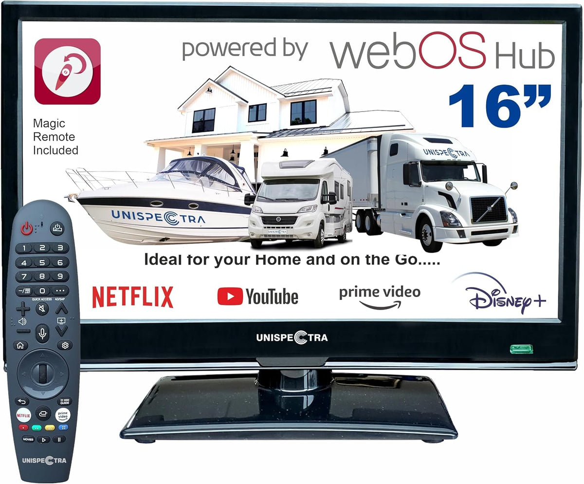 Unispectra 16' TV HD 230V 24V TV 3xHDMI 2xUSB 12V ® Smart (webOS) Full Triple Tuner Sat Antenne Kabel Magic Remote. Fernseher, für Wohnmobile