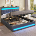 Bett Polster, Doppelbett 180 × 200 cm mit LED & Ladefunktion, Hydraulisches Stauraumbett mit höhenverstellbarem Kopfteil