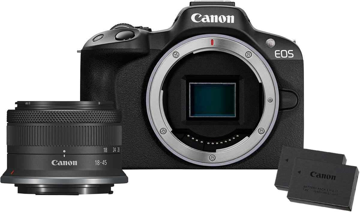 Canon EOS R50 RF-S 18-45mm STM 2X Systemkamera + is Objektiv + Batterien (Zusätzliches Akku-Kit) - Spiegellose Kamera ( Digitalkamera