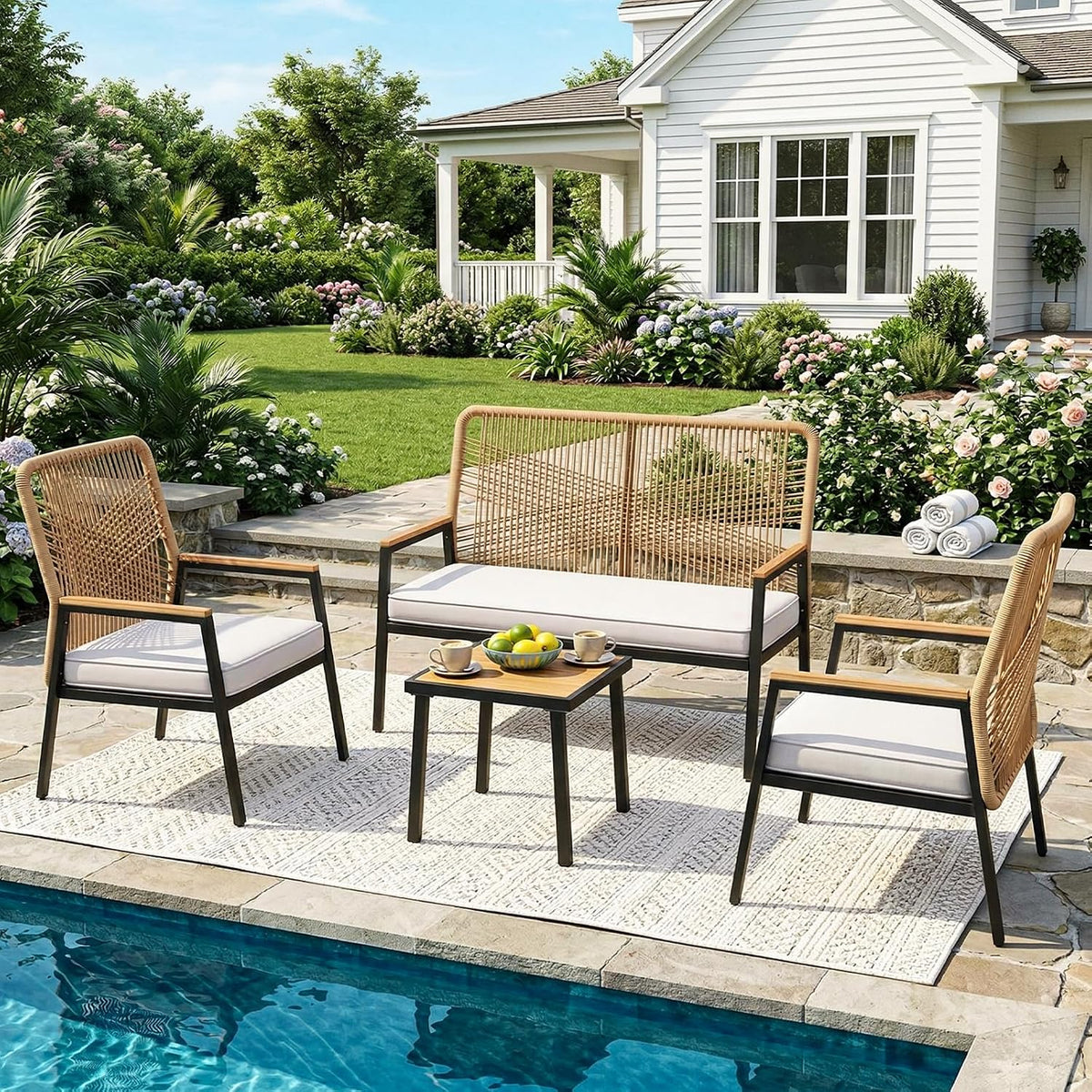 LIFERUN Essgruppe, Gartenmöbel Set, Gartenstuhl Rattan Set, mit 2 Rattan Stühlen 1 Gartenbank und Tisch, 4-teiliges Gartenset