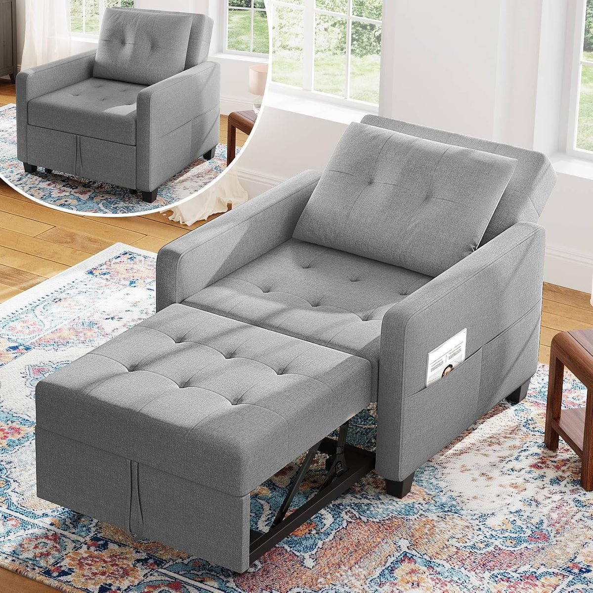 Sofa 3-in-1 Schlafsessel mit Bettfunktion Ausziehbares Schlaf, Umwandelbarer Stuhl Bett Verstellbarer Einzelsessel mit Seitentasche, für kleinen Raum