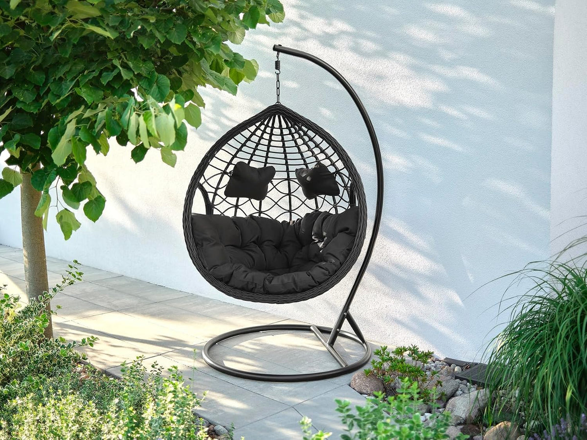 Hängesessel Polyrattan, Hängesitz Hängekorb mit Gestell Garten Terrasse inkl Kissen Outdoor schwarz, MAT-COMPANY