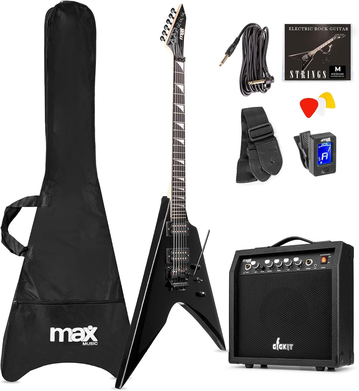 MAX E-Gitarren-Sets, GigKit Rock Style E-Gitarre, E Gitarren Set mit Gitarrenverstärker, Tasche, Plektrum, Stimmgerät Gitarre, Instrumentenkabel