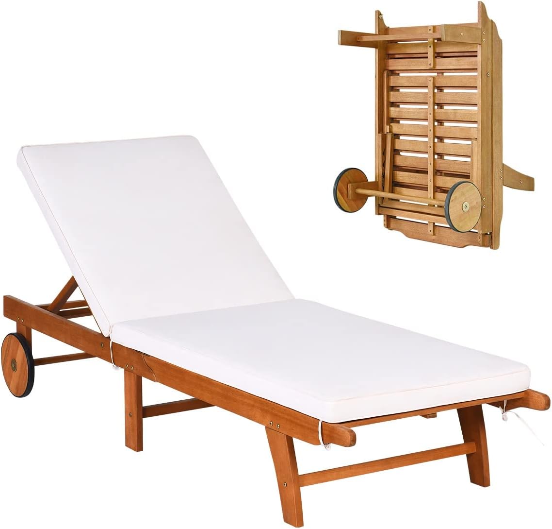 Liege Garten, Holz Sonnenliege Klappbar mit Rollen Holzliege Outdoor, GIANTEX