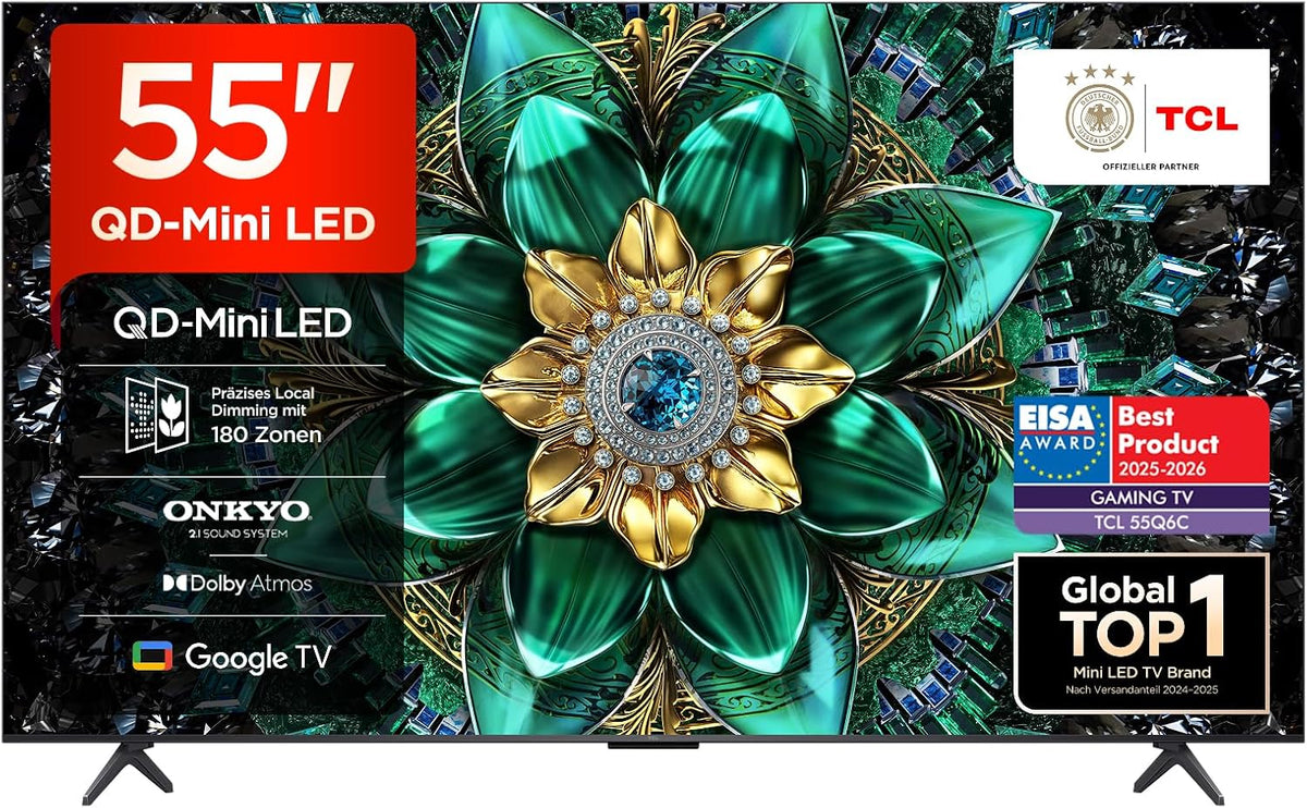TCL 55Q6C 55 LED Zoll QD-Mini Fernseher, 4K HDR Premium 1000nits, Smart TV mit Google TV (Dolby Vision IQ & Atmos, Onkyo 2.1 Sound System