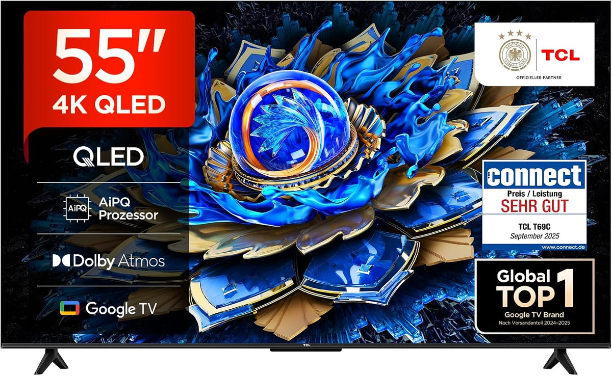 TCL Fernseher, 55T69C 55 Zoll QLED, Direct LED TV, 4K HDR TV, Smart Google TV (Dolby Vision & Atmos, Game Master, Motion Clarity