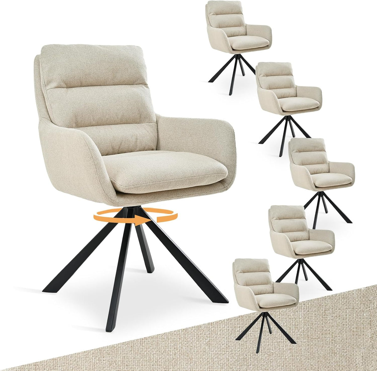 Esszimmerstuhl, Drehbar 6er mit Armlehne, 360° Drehbarer Einzelstuhl mit Doppelter Rückenlehne und Abnehmbarem Sitzkissen, Beige, Bon Furni