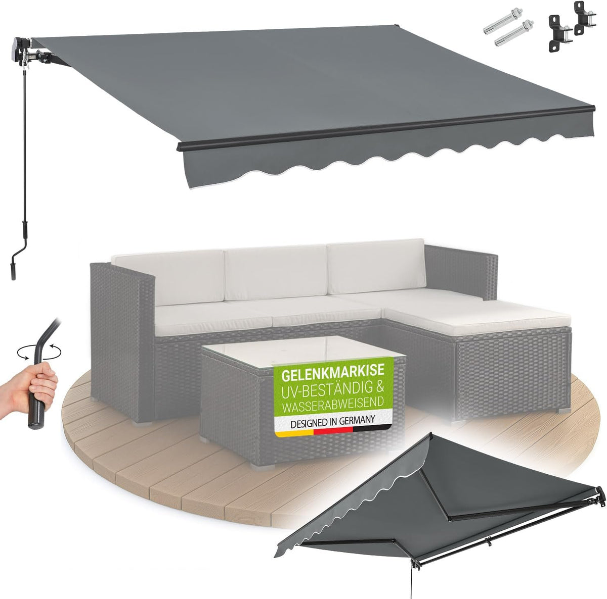 Juskys ® Gelenkarm Markise, 400 × 300 cm, UV40+ & wasserabweisend, mit Kurbel & Wandhalterung Länge + Winkel einstellbar, Grau
