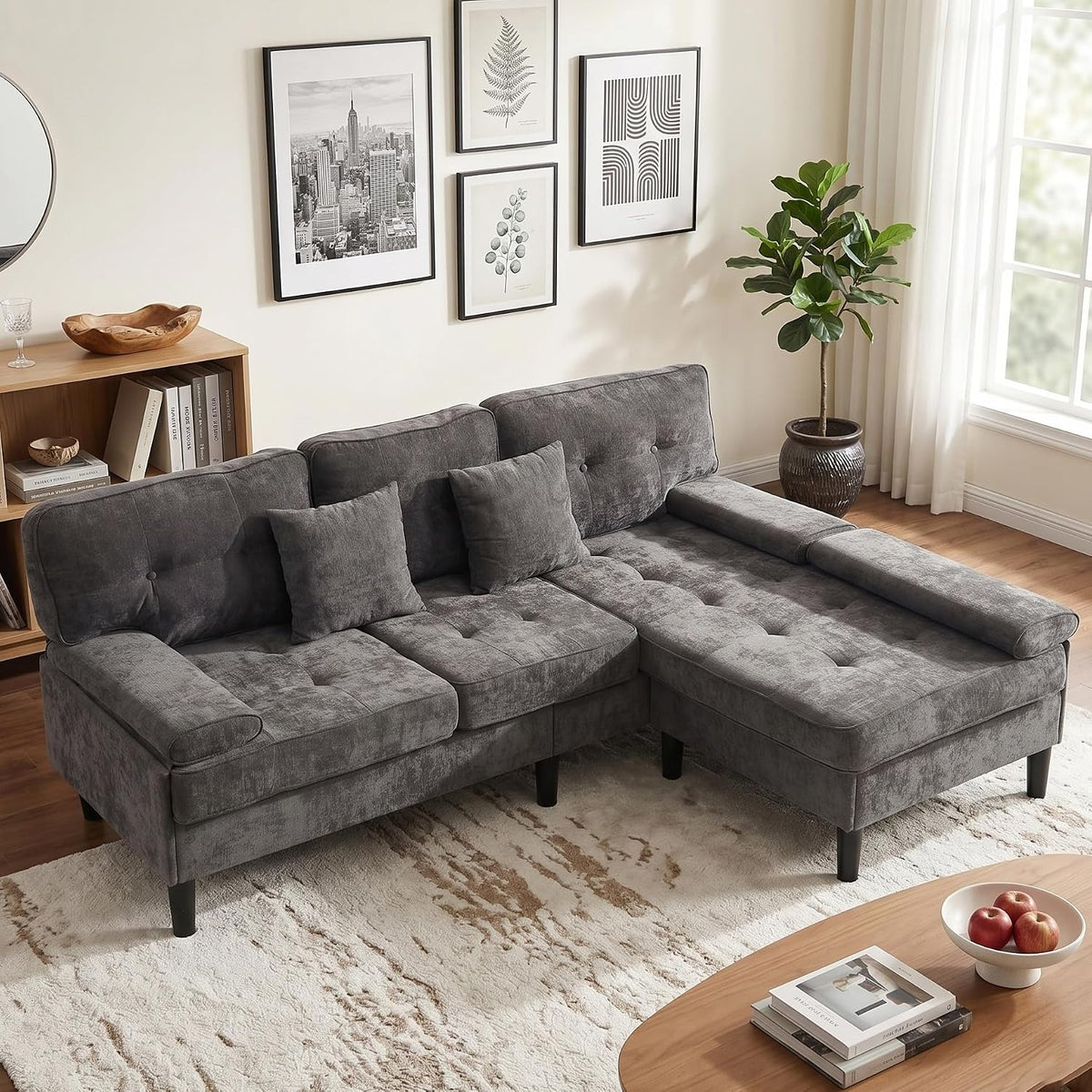 Sofa Eck, mit Schlaffunktion, Modulares L-Form 3-Sitzer Schlafsofa Grau, 195 cm Chenille Sofa mit beweglicher Ottomane