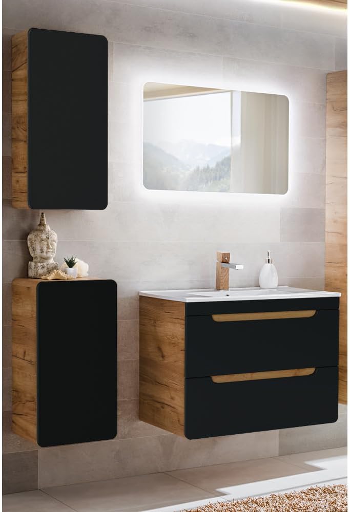 Spültisch, Badmöbel Komplett-Set in seidenmatt dunkel anthrazit mit Wotan Eiche Nb., 81 cm Waschtisch-Unterschrank mit Keramik-Waschbecken