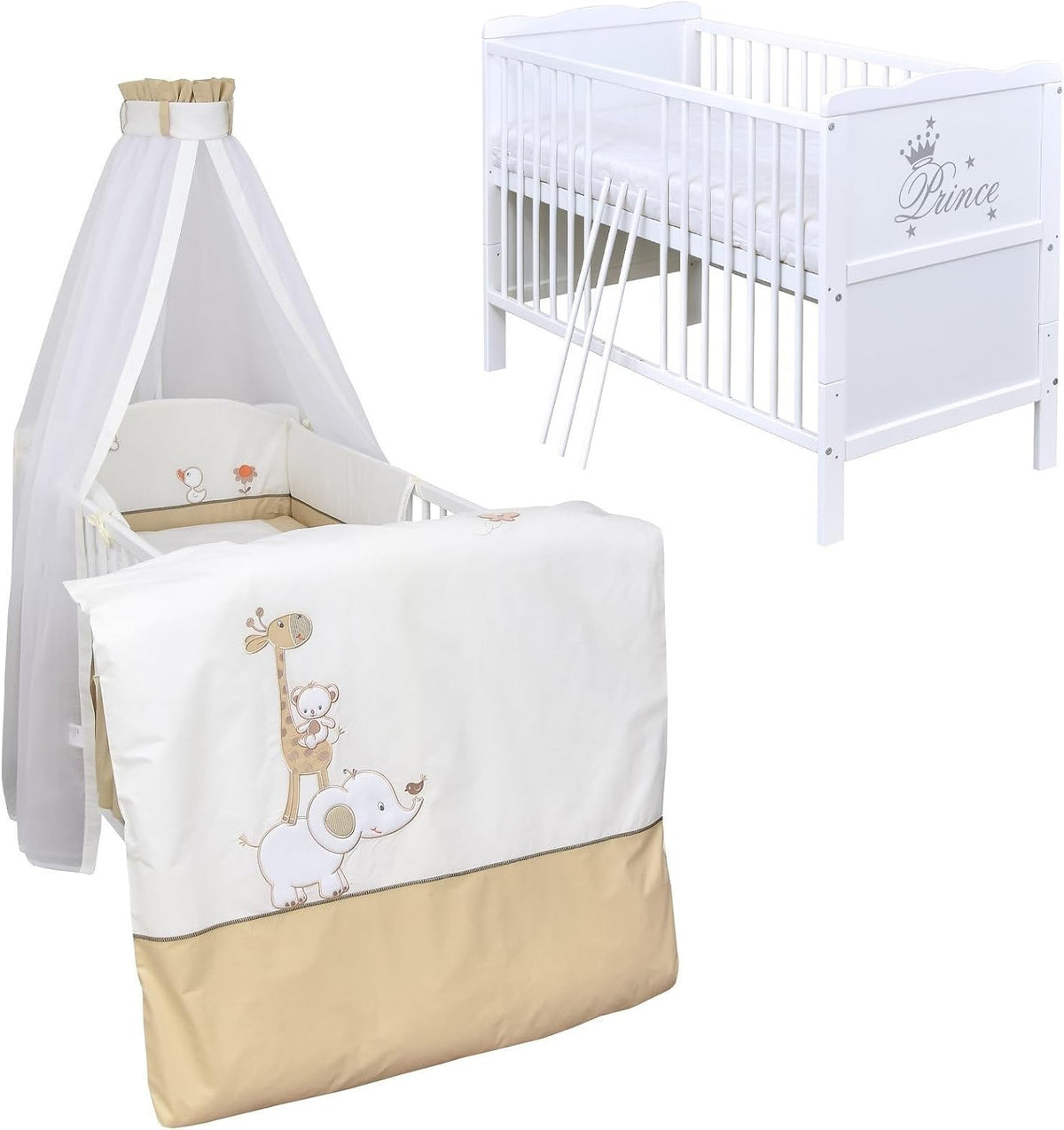 Kinderbett 60x120 Babybett Komplett Set Max Prince weiß, umbaubar zum Juniorbett inkl. Bettwäsche Set Komplett (Zirkus beige), Generic