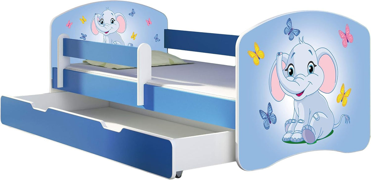 Kinderbett, Jugendbett mit Einer Schublade und Matratze Blau mit Rausfallschutz Lattenrost II 140 × 70 160 × 80 180 × 80 (26 Elefant