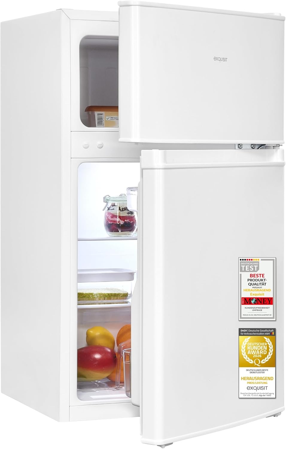 Exquisit Kühl-Gefrierkombination, Kühlschrank mit Gefrierfach, 85 l, 4-Sterne, LED, Klein, Weiß