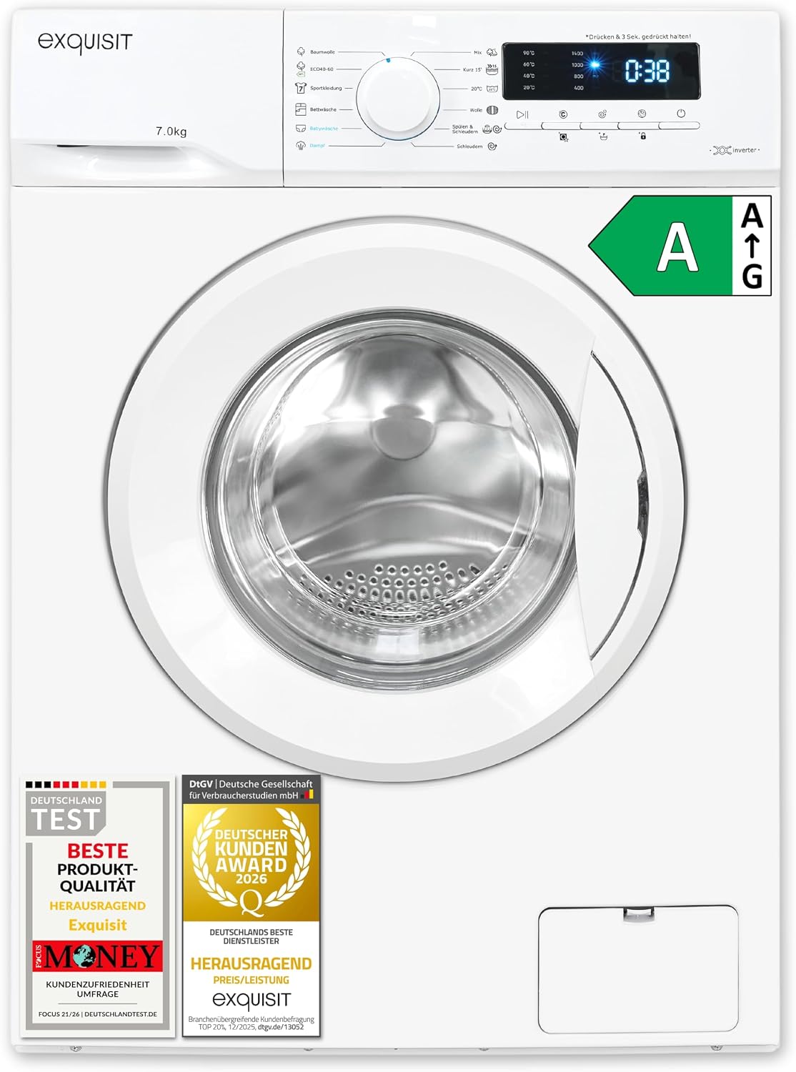 Exquisit Waschmaschine,   Waschmaschine 7 kg - Energieeffizienzklasse A, 1400 U/Min