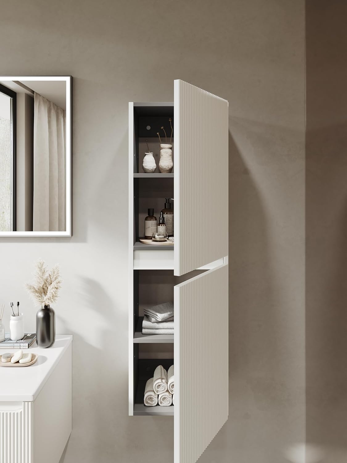 Unterschrank, Badezimmer-Hochschrank Mit Verstellbaren Einlegeböden, Soft-Close & Geriffelter Front, 35x110x25 cm, Links/rechts Montierbar, Weiß Matt