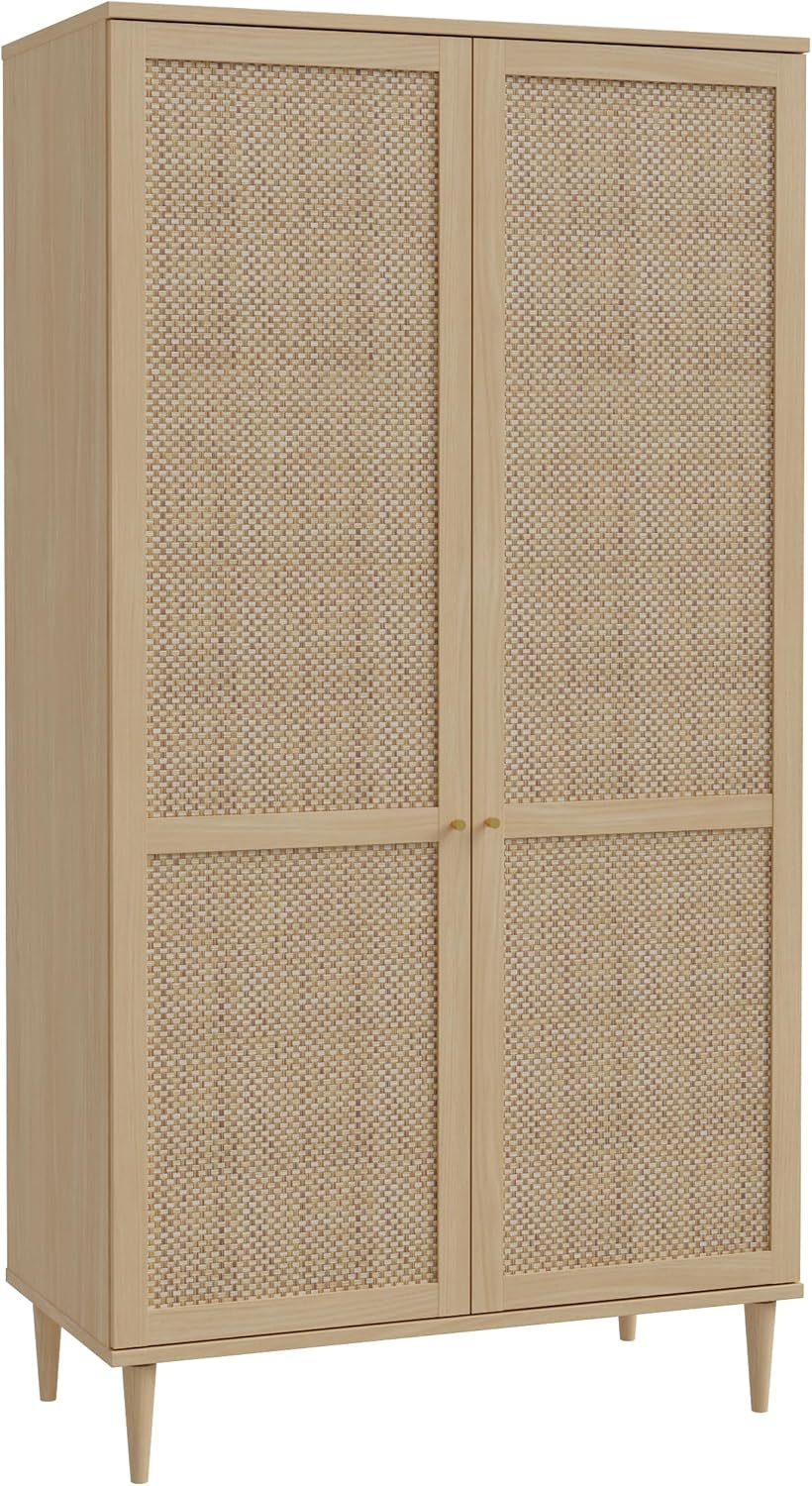 Kleiderschrank CALASETTA 110 Schrank Boho Stil Wiener Geflecht, mit 2 Türen Kleiderstange Einlegeböden Holz Dekor: Elegancia Eiche/Technorattan