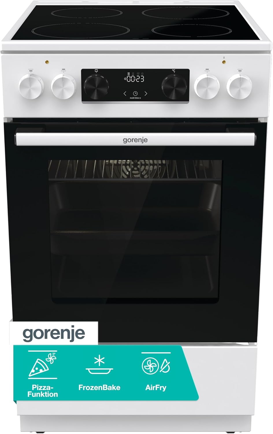 Gorenje GEC5C61WG Elektro-Standherd mit Glaskeramik- Kochfeld, 50cm Breite, 70 Liter, Pizza Funktion, FrozenBake, AirFry, MultiAir Technologie