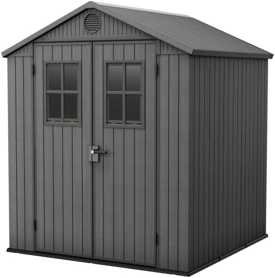 Keter 6x6 Darwin Gerätehaus, in Grau, Wartungsfrei, Wetterfest mit Holzoptik, 4 m², Abschließbare Doppeltür & Bodenplatte
