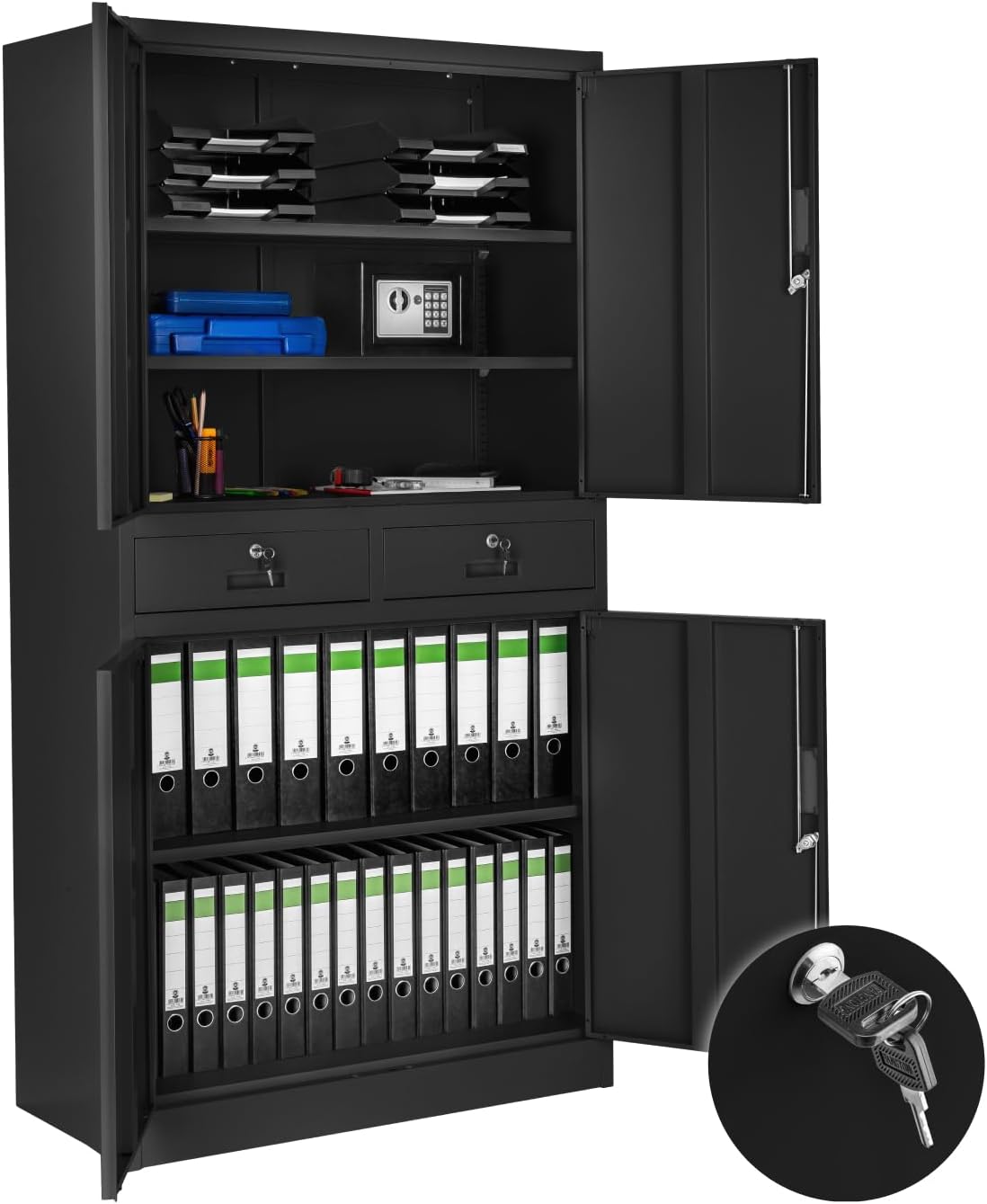 Schrank ® Akten, 2 Schubladen, Türen und Schloss, 180 × 80 × 40cm - schwarz, tectake