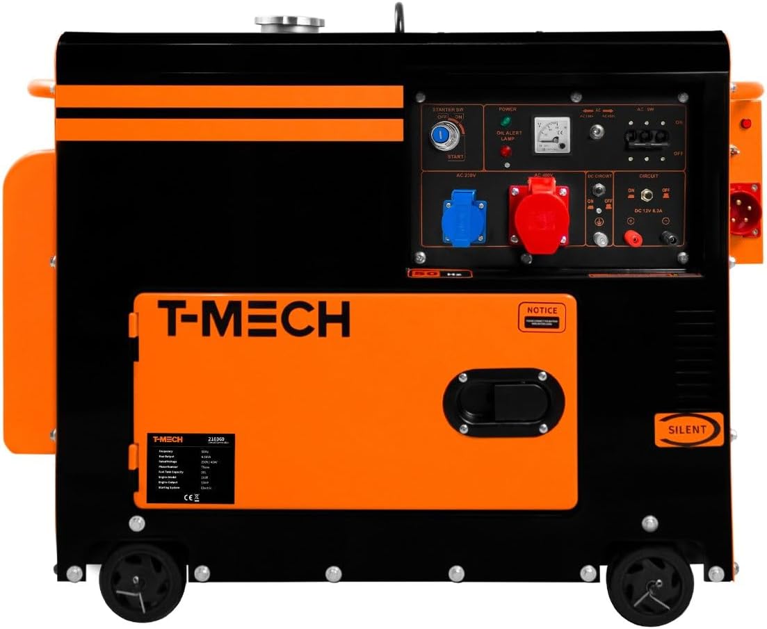 T-Mech Stromgenerator, Leiser Dieselgenerator, dreiphasig, ATS, 6, 5 kVA, 13 PS, 230 V, 400 V, Elektrostart, geschlossener Rahmen, Notfallstrom