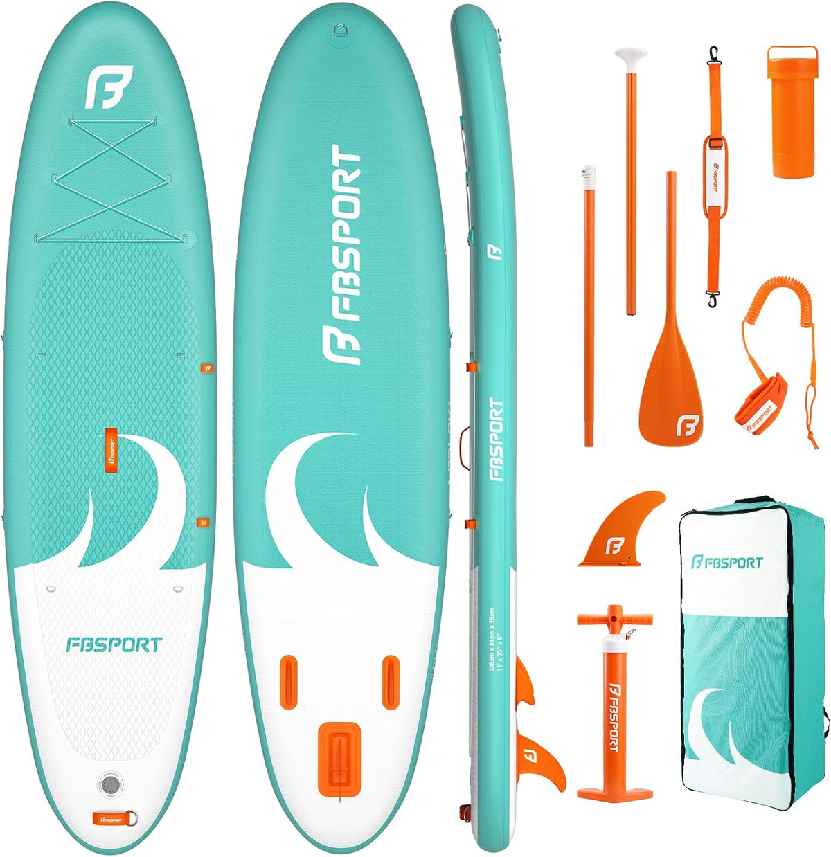 FBSPORT SUP-Board, Stand up Paddling Board Surfbrett Surfboard SUP aufblasbar mit Pumpe 335x84x15 cm Tragetasche SUP Zubehör mit rutschfestem Deck