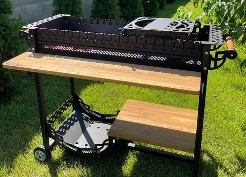 Firednepr Holzkohlegrill, Mangal, BBQ 'Armada 1', Gartengrill, Grill mit 4 mm Stahl. Holzregal, Holzfach, bis zu 20 Schaschlik-Spieße, mit Räder