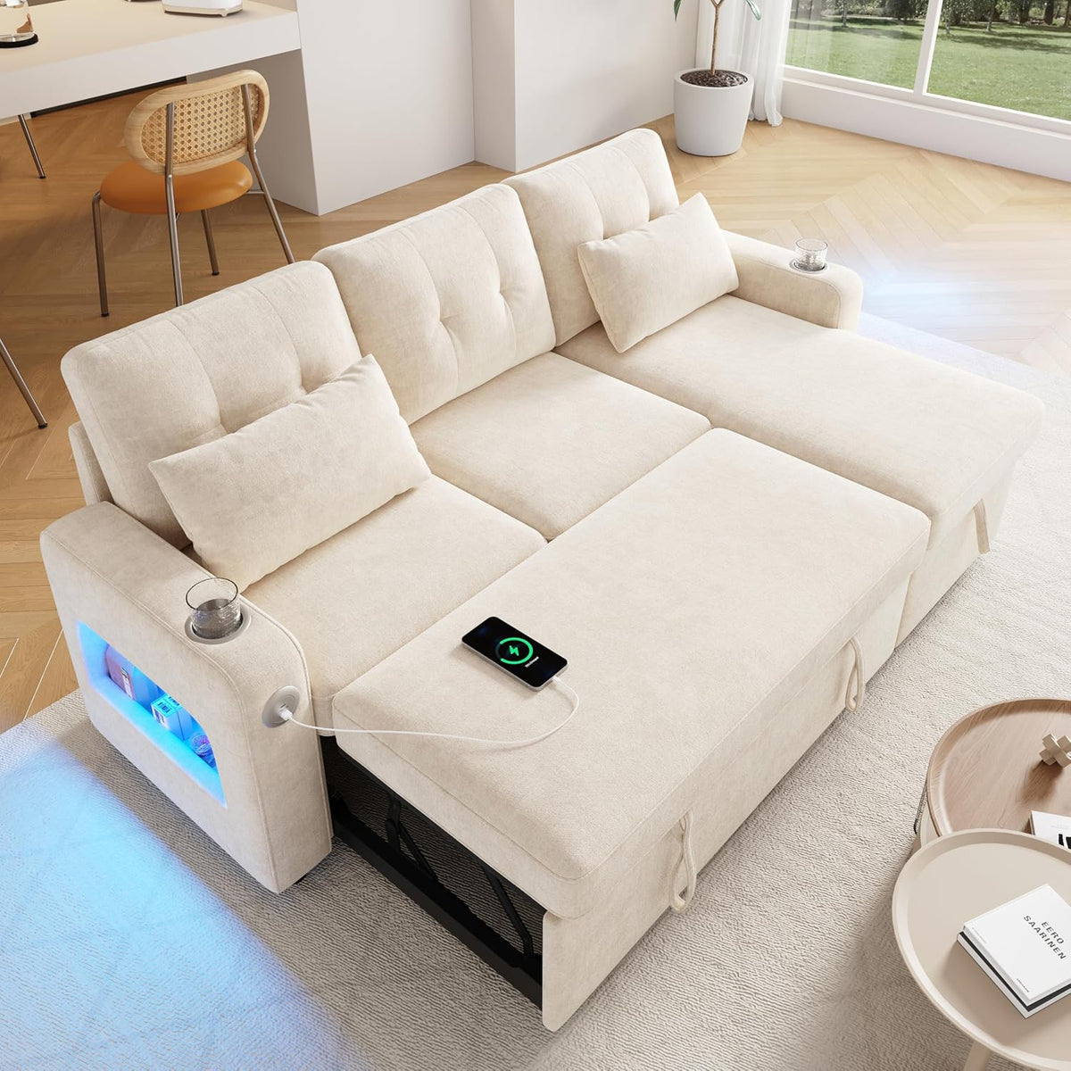 Sofa, Ecksofa mit Schlaffunktion und Bettkasten, Praktisches Schlafsofa mit Stauraum, LED-Beleuchtung, USB/Typ-C und 2 Getränkehalter