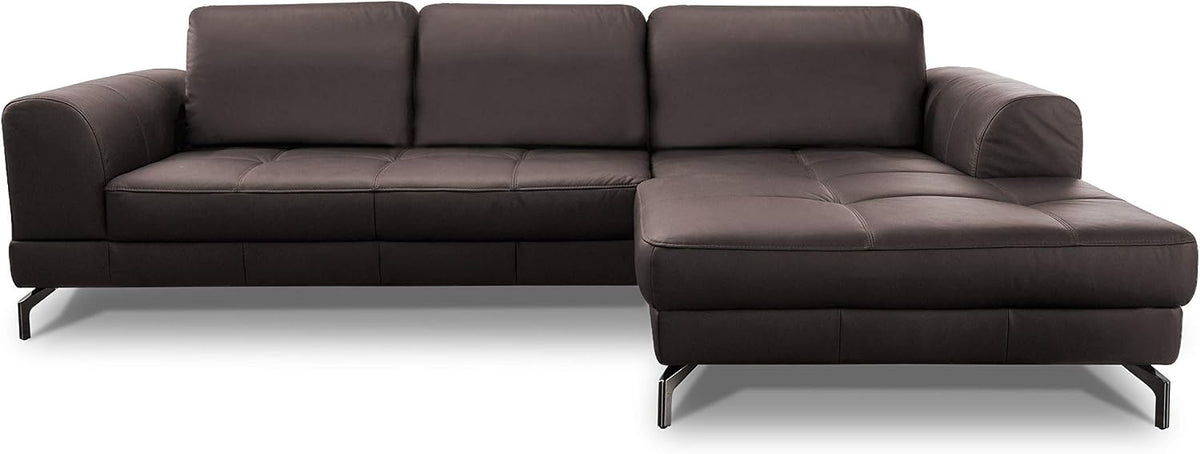 Sofa Ledergarnitur Benda Großes Eck, mit XL-Longchair rechts & Federkern/Inkl. Sitztiefenverstellung/284 × 87 × 175/Echtleder: braun, CAVADORE