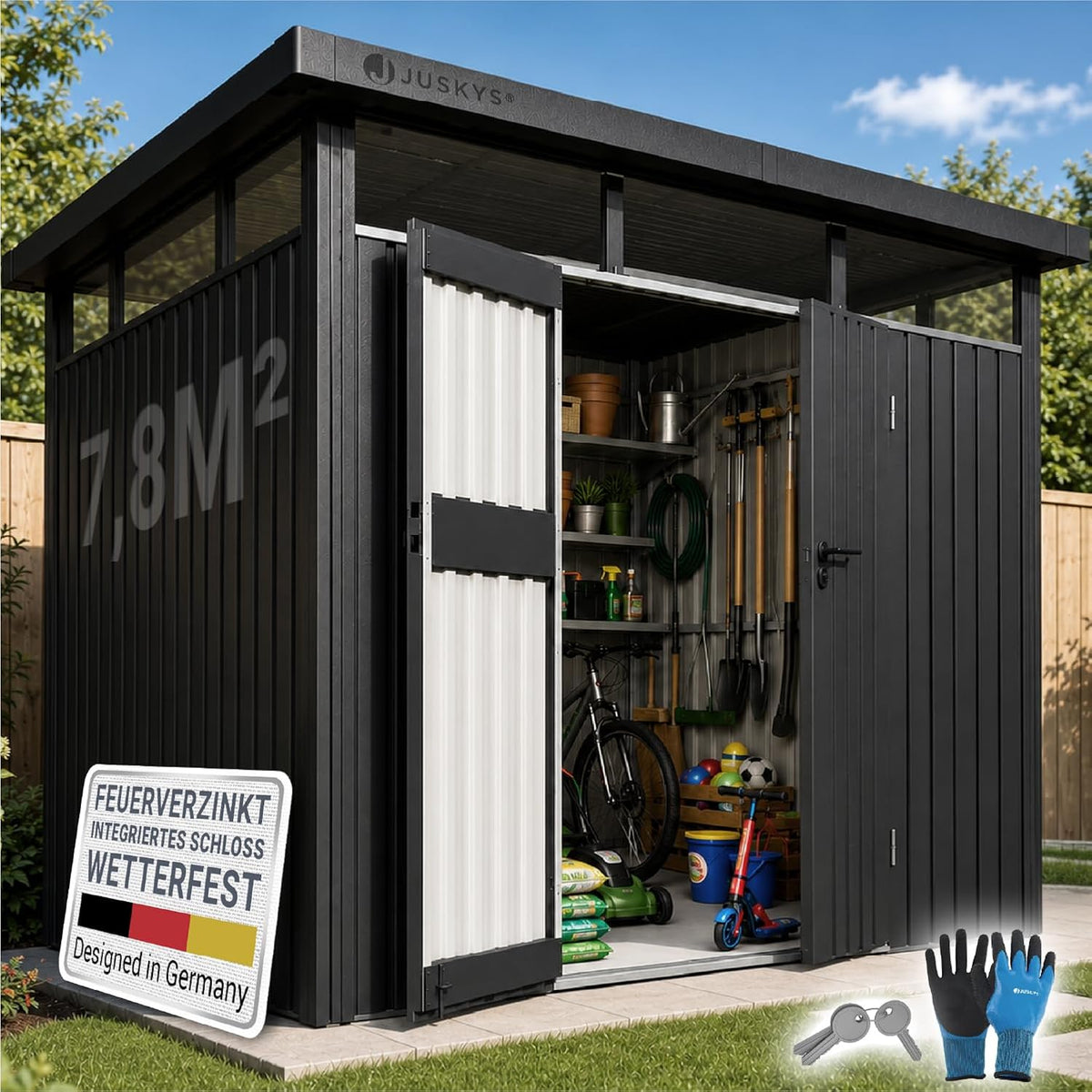 Juskys 7 8 ® Gerätehaus Luzern L - m² - Metall Geräteschuppen mit Türen & Fenstern - wetterfest & abschließbar - Fahrradgarage Gartenhaus, Anthrazit