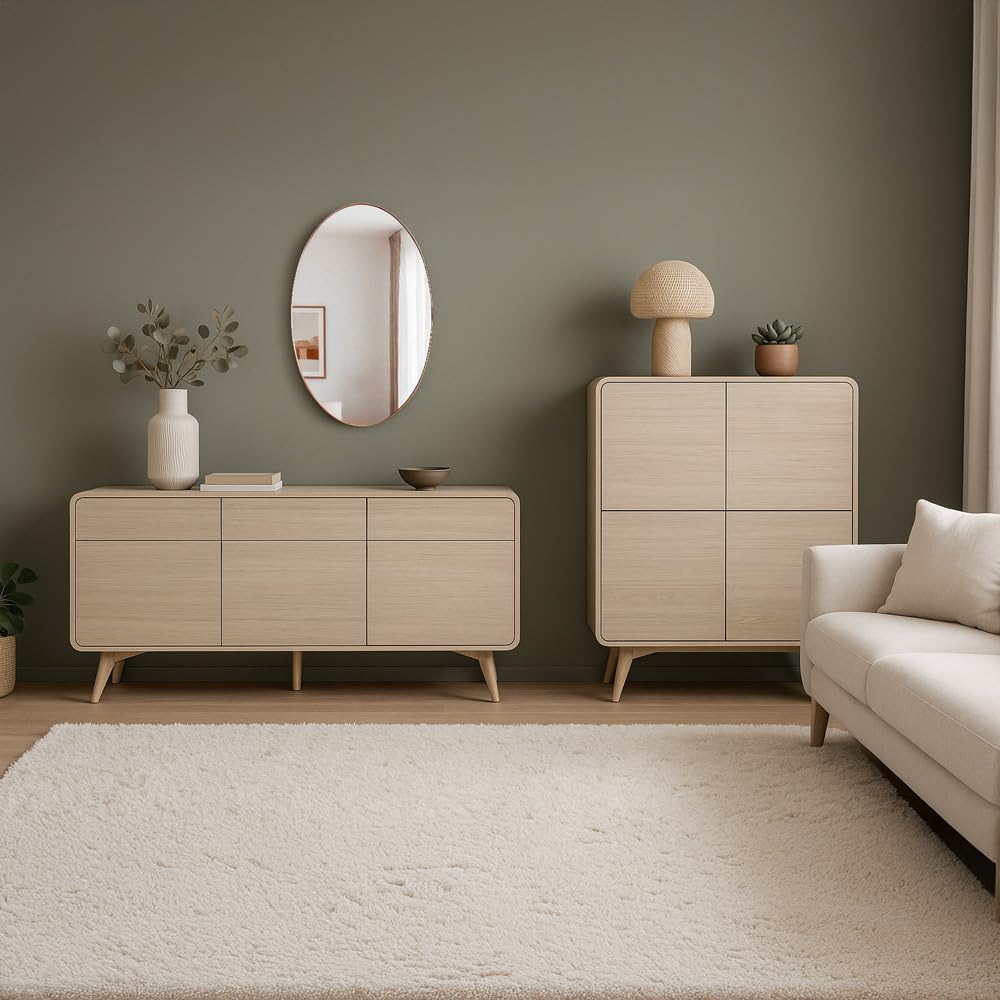 Sideboard Wohnmöbel Set in Eiche minimalistisches Design, & Highboard, 2-teilig, Esszimmermöbel, Kommode, Geschirrschrank, Anrichte, Lomadox