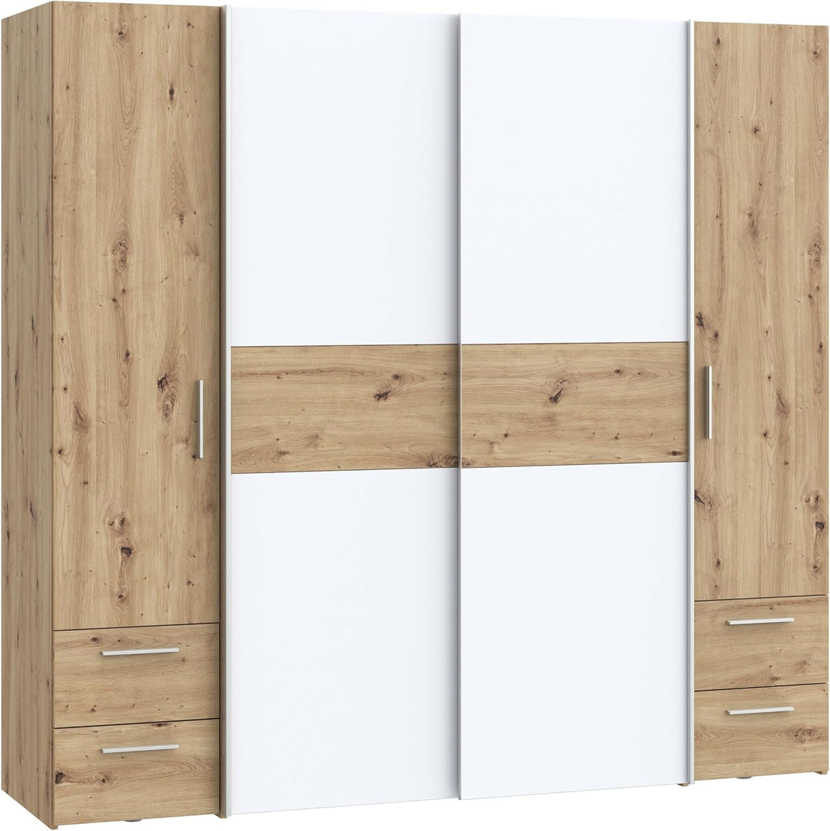 Kleiderschrank Möbel Kapaza klassischer, 200, Dreh-, Schwebetürenschrank mit 4 Schubladen, Holzwerkstoff, Artisan Eiche, Weiß, 1 cm breit, 190