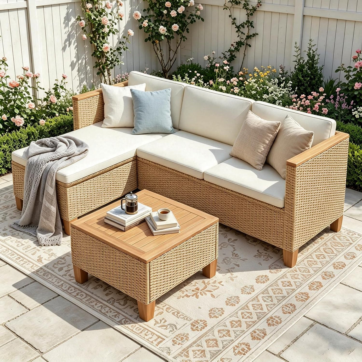 Gartenmöbel-Set, Rattan Lounge Möbel Outdoor mit 1 Chaiselongue, 1 Zweisitzer-Sofa und 1 Kleiner Couchtisch, 4 Personen Terassenmöbel Außen Gartensofa