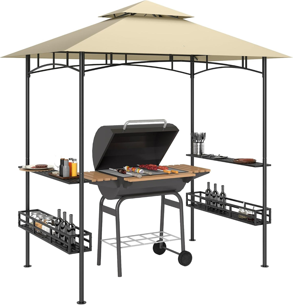 Pavillon Grill, 240 × 150 × 257 cm Wasserdicht UV-Schutz Beige, Outsunny