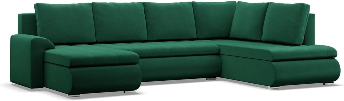 Sofa - Eck, mit Schlaffunktion und 3 Bettkasten FORESTA 300 × 89 × 200 (BxHxT) Grün- Ottomane Rechts Eckcouch, Couch U Form, Sofa Wohnzimmer