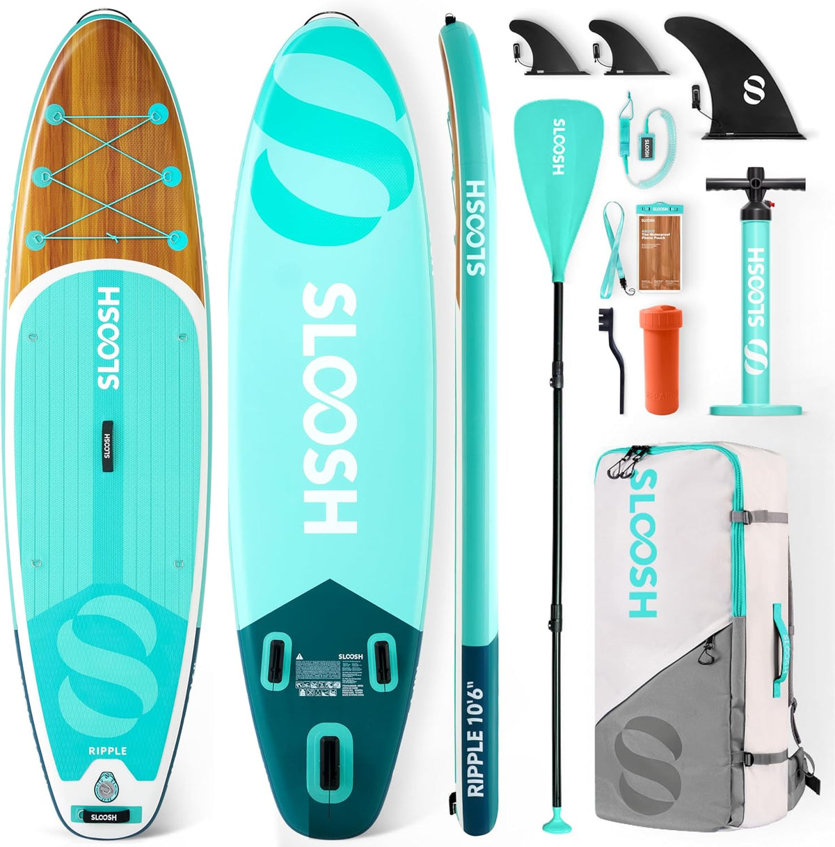 Sloosh SUP-Board, Aufblasbares Stand-Up-Paddle-Board, 10'6' Paddleboard mit Premium-Zubehör, rutschfestes Eva-Deck, ultraleichte Tragetasche und Pumpe
