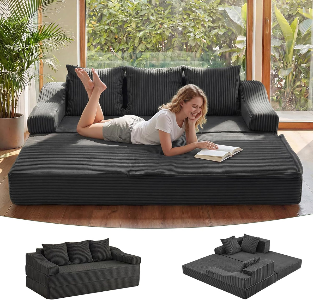 Sofa Schlaf, 2-in-1 Boneless Couch, Bodensofa mit Kissen, 3 Sitzer Sofa Bed mit Schlaffunktion, Klappbare Matratze für Wohnzimmer, Schlafzimmer