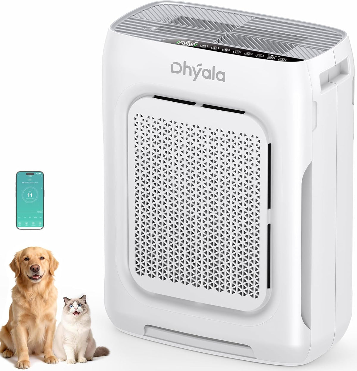 Dhyala Luftreiniger, Allergiker Air Purifier HEPA Luftfilter mit waschbarem Doppelfilter, CADR 450m³/h, Smart WiFi, 20dB Schlafmodus, AQI Anzeige