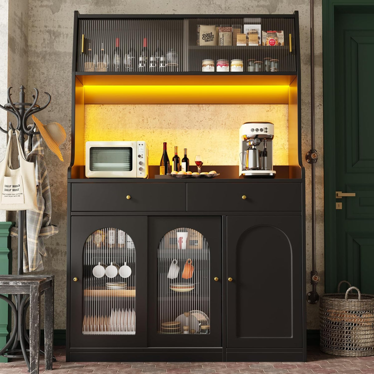 FammyLoft Midi- & Hochschränke, Küchenschrank mit Verstellbaren Ablagen, Buffetschrank mit 2 Schubladen, Küchenbuffet mit LED-Beleuchtung, Hochschrank