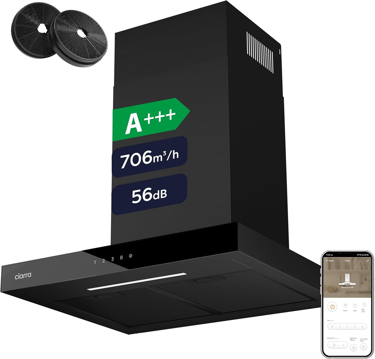 CIARRA Dunstabzugshaube,   CBCB6102 A+++ Dunstabzugshaube 60 cm 706 m³/h Wi-Fi App